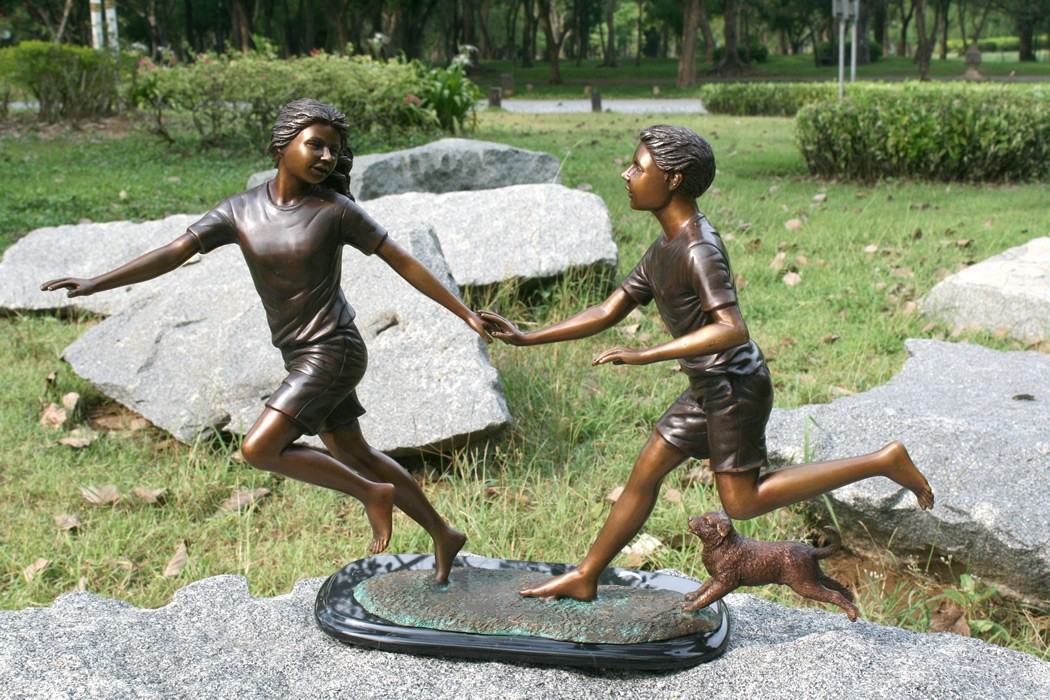 Bronze Children Running with Dog Sculpture