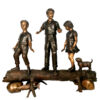 Bronze Children and Dog on Log Sculpture