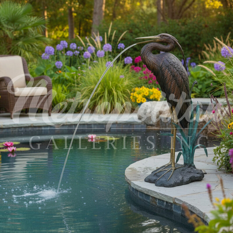 SRB022005 Bronze Heron in Grass Fountain Sculpture by Metropolitan Galleries Inc Vignette AI WM