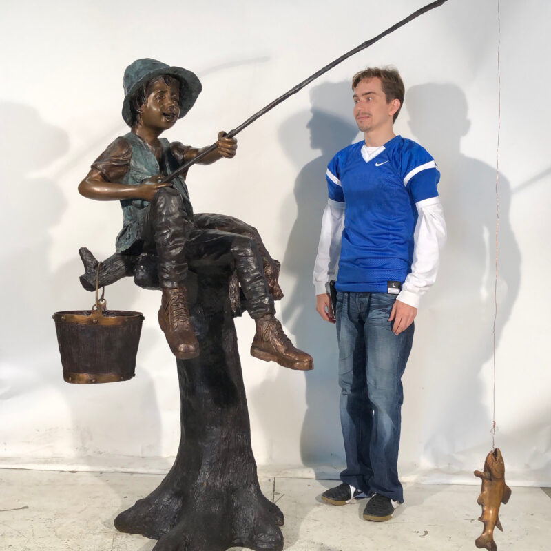 SRB050205 Bronze Boy & Dog Fishing on Log Sculpture SCALE