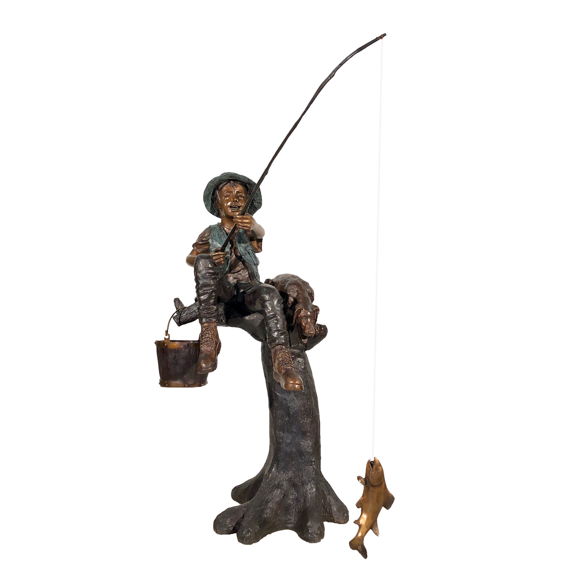SRB050205 Bronze Boy & Dog Fishing on Log Sculpture by Metropolitan Galleries Inc