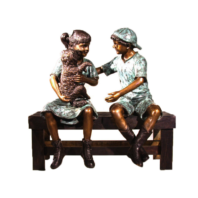 SRB25137 Bronze Boy & Girl with Dog on Bench Sculpture by Metropolitan Galleries Inc