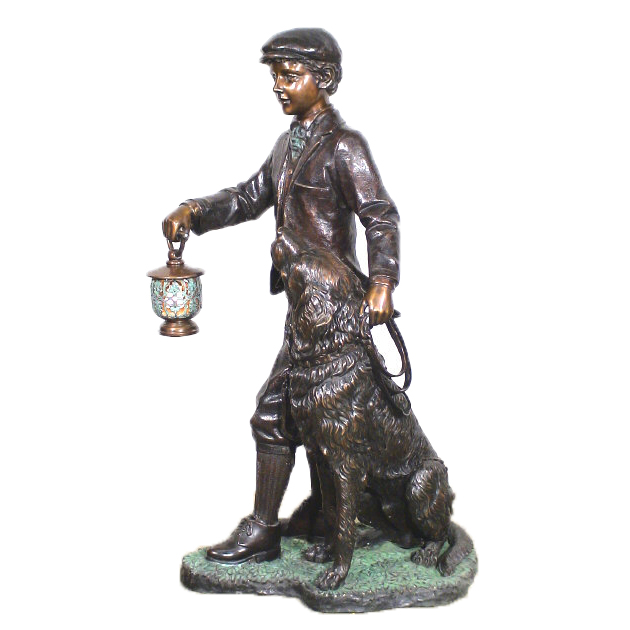 SRB25447 Bronze Man with Dog Lantern Sculpture Light Metropolitan Galleries Inc.