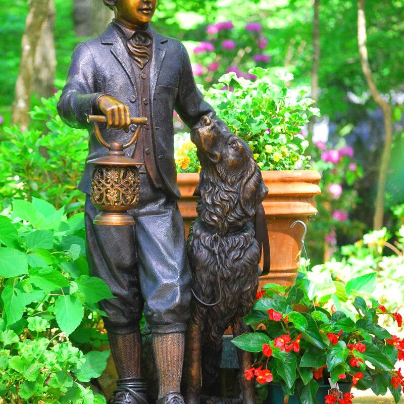 SRB25447 Bronze Man & Dog with Lantern Sculpture Metropolitan Galleries Inc.