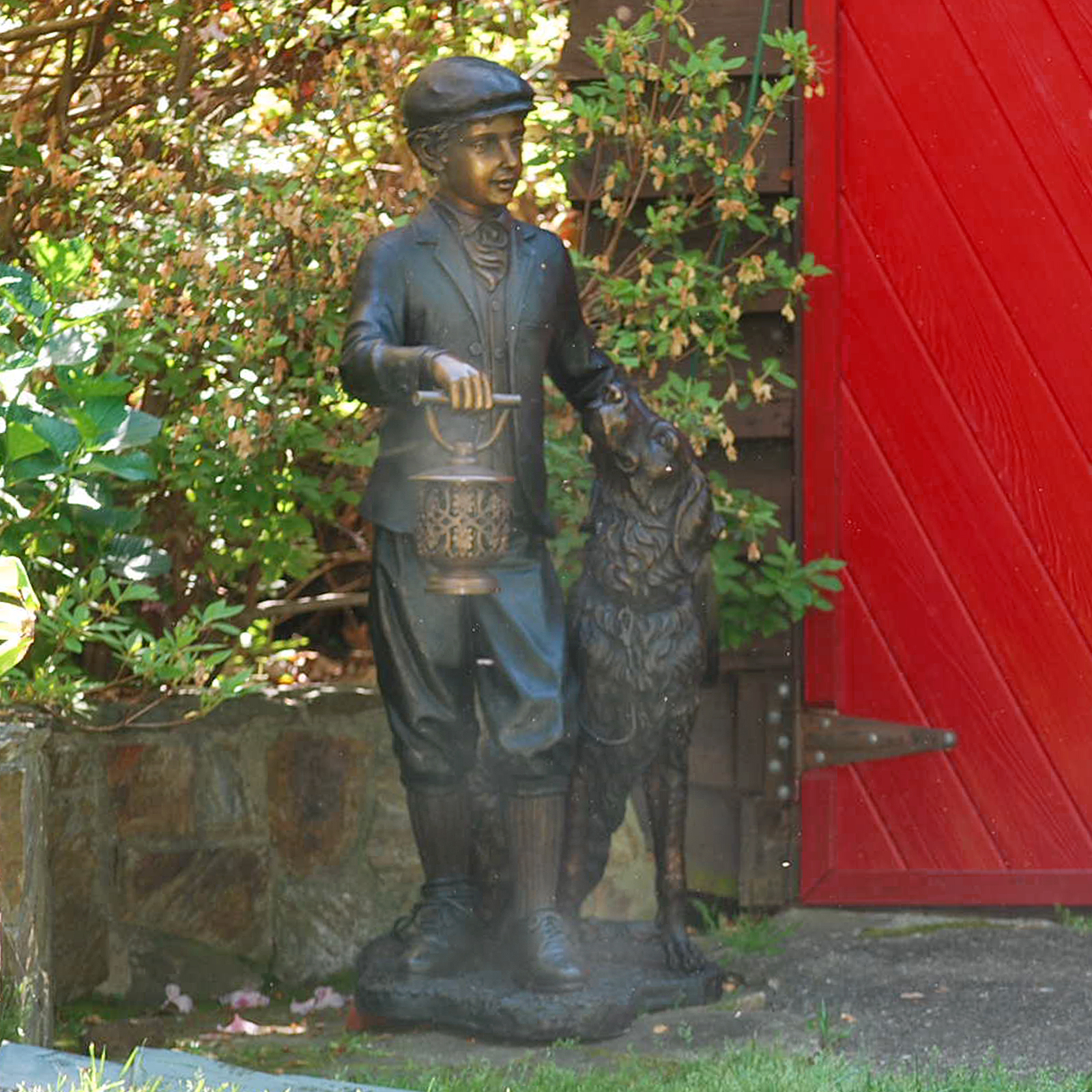 SRB25447 Bronze Man with Dog Lantern Sculpture Light Metropolitan Galleries Inc.