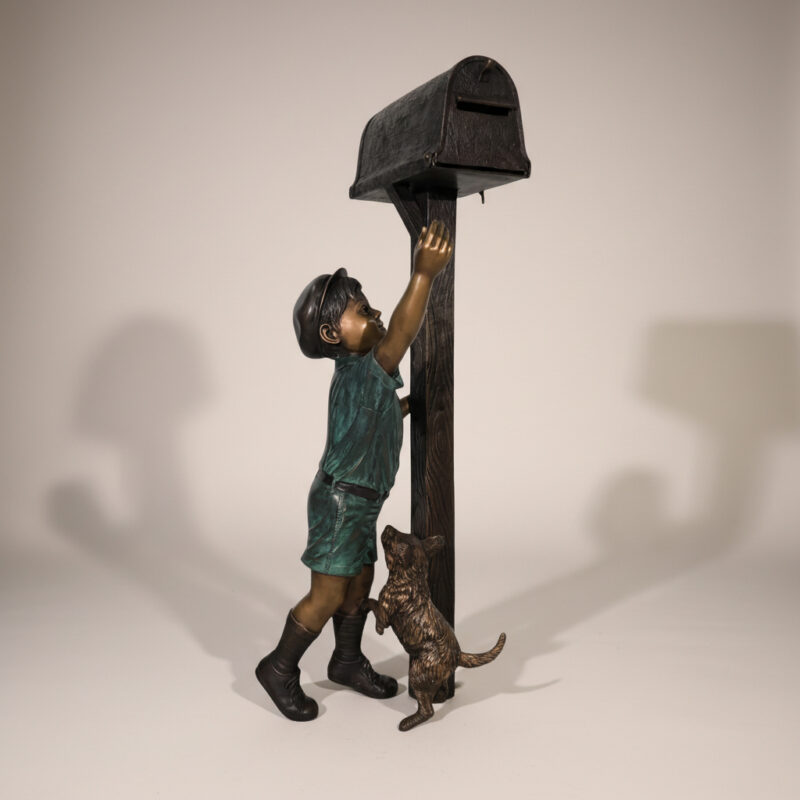 SRB41072 Bronze Boy with Dog Mailbox Sculpture by Metropolitan Galleries Inc.