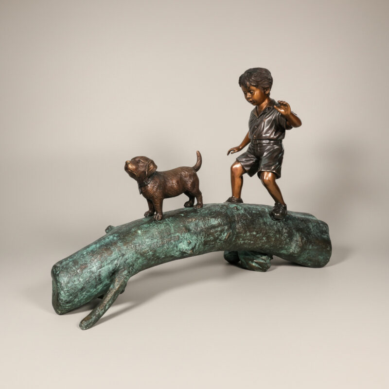 SRB45566 Bronze Boy and Dog Walking on Log Sculpture by Metropolitan Galleries Inc.