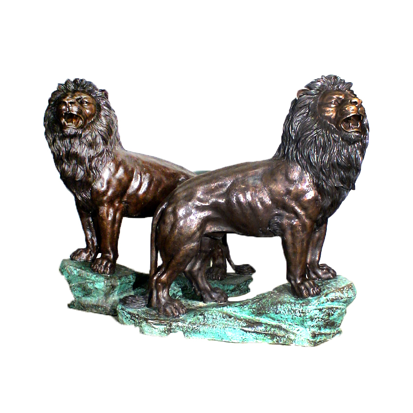 SRB47643-LG Bronze Standing Lions on Rock Sculpture Pair by Metropolitan Galleries Inc