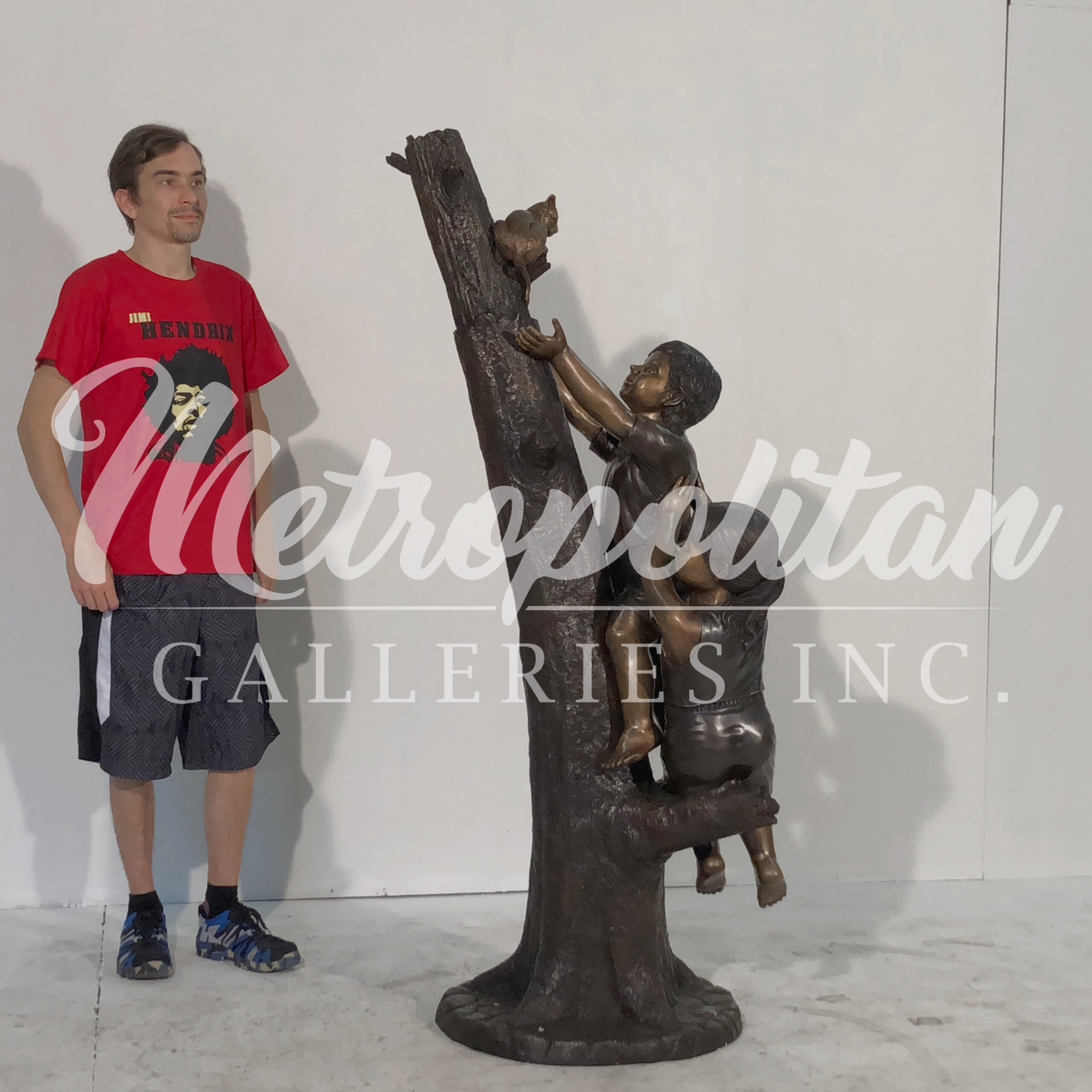 SRB48785 Bronze Boy & Girl with Cat in Tree Sculpture by Metropolitan Galleries Inc SCALE WM