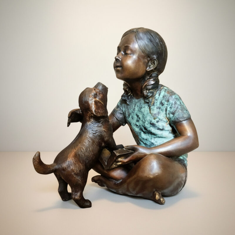 SRB706753 Bronze Girl with Puppy Sculpture by Metropolitan Galleries Inc.