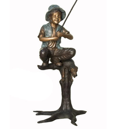SRB050604 Bronze Boy Fishing on Tree Stump Sculpture Metropolitan Galleries Inc.
