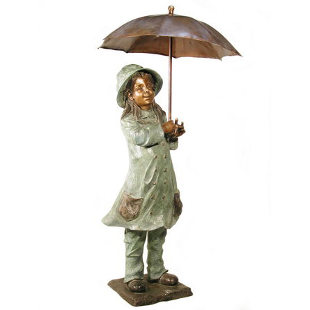 SRB074120 Bronze Girl in Raincoat with Umbrella Sculpture Metropolitan Galleries Inc.
