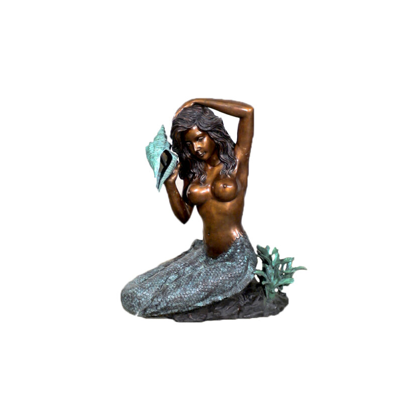 SRB25403 Bronze Sitting Mermaid holding Shell Fountain Sculpture by Metropolitan Galleries Inc