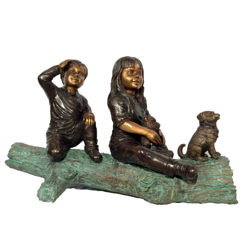 Metropolitan Galleries SRB41068 Children and Dog on Log Cast Bronze Statue