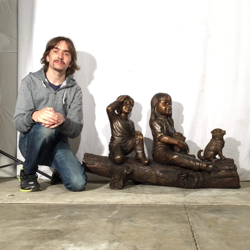Metropolitan Galleries SRB41068 Children and Dog on Log Cast Bronze Statue