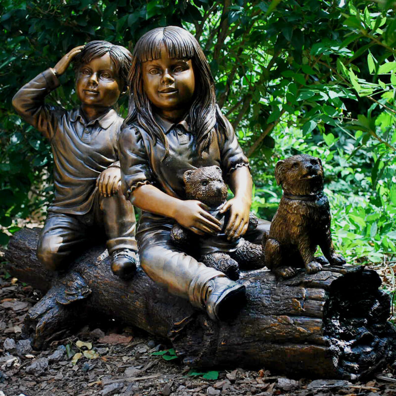 Bronze Kids and Dog on Log Sculpture Metropolitan Galleries