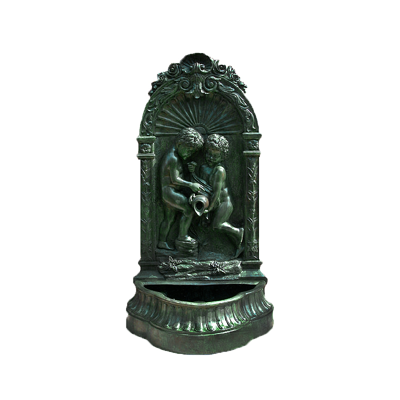 SRB44247 Bronze Two Boys Pouring Vase Wall Fountain Sculpture in Italian Green Patina by Metropolitan Galleries Inc