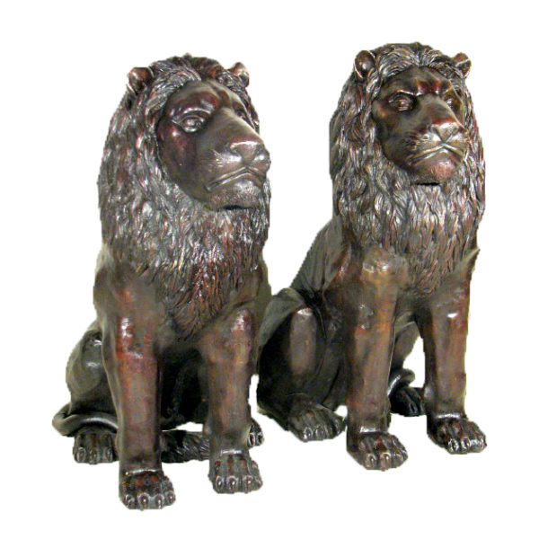 Cast Bronze Sitting Lion Sculpture Pair