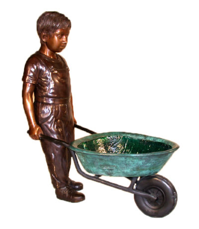 SRB45515 Bronze Boy with Wheel barrow Sculpture Metropolitan Galleries Inc.