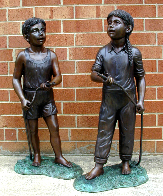 SRB45786-96 Bronze Boy & Girl Water Hose Fountain Metropolitan Galleries Inc.