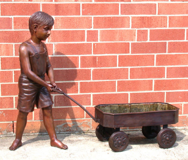 SRB46918 Bronze Boy pulling Wagon Sculpture Metropolitan Galleries Inc.