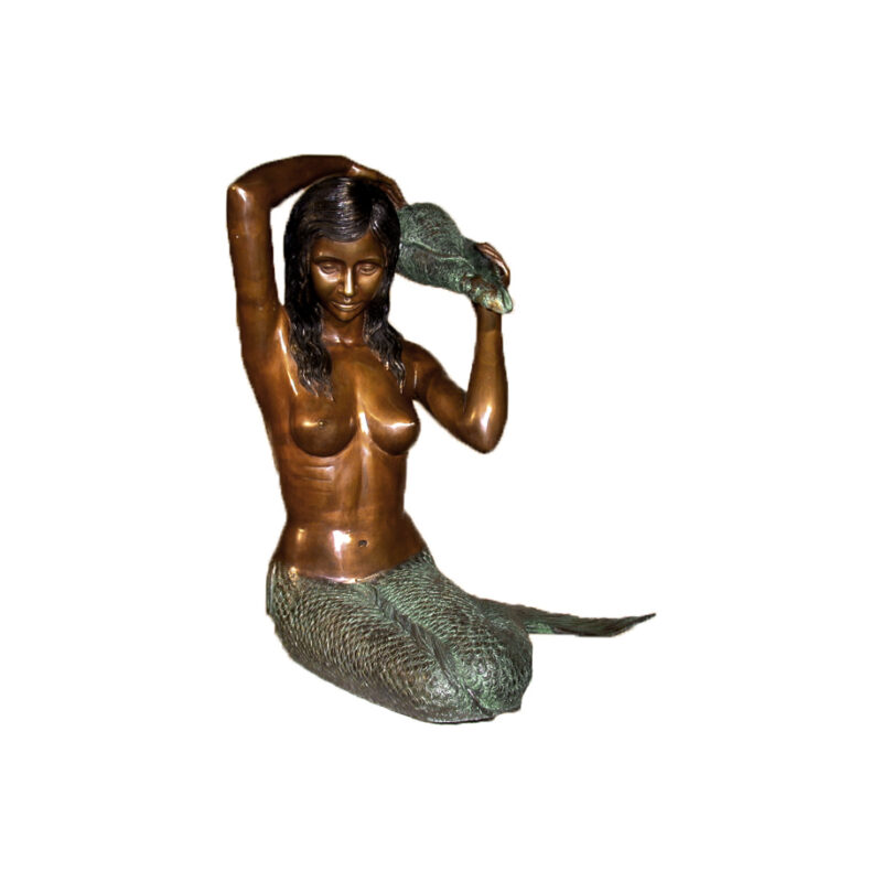 SRB47116 Bronze Sitting Mermaid holding Shell Fountain Sculpture by Metropolitan Galleries Inc