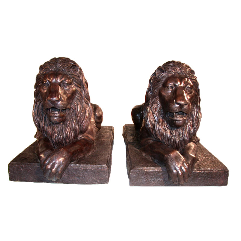 Bronze Lying Lions on Base Sculpture Metropolitan Galleries Inc.