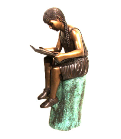 SRB47829 Bronze Girl Reading Book on Log Sculpture Metropolitan Galleries Inc.