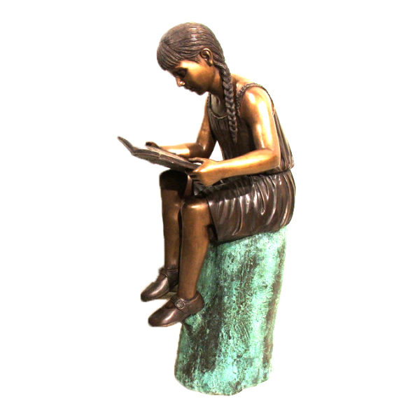 SRB47829 Bronze Girl Reading Book on Log Sculpture Metropolitan Galleries Inc.