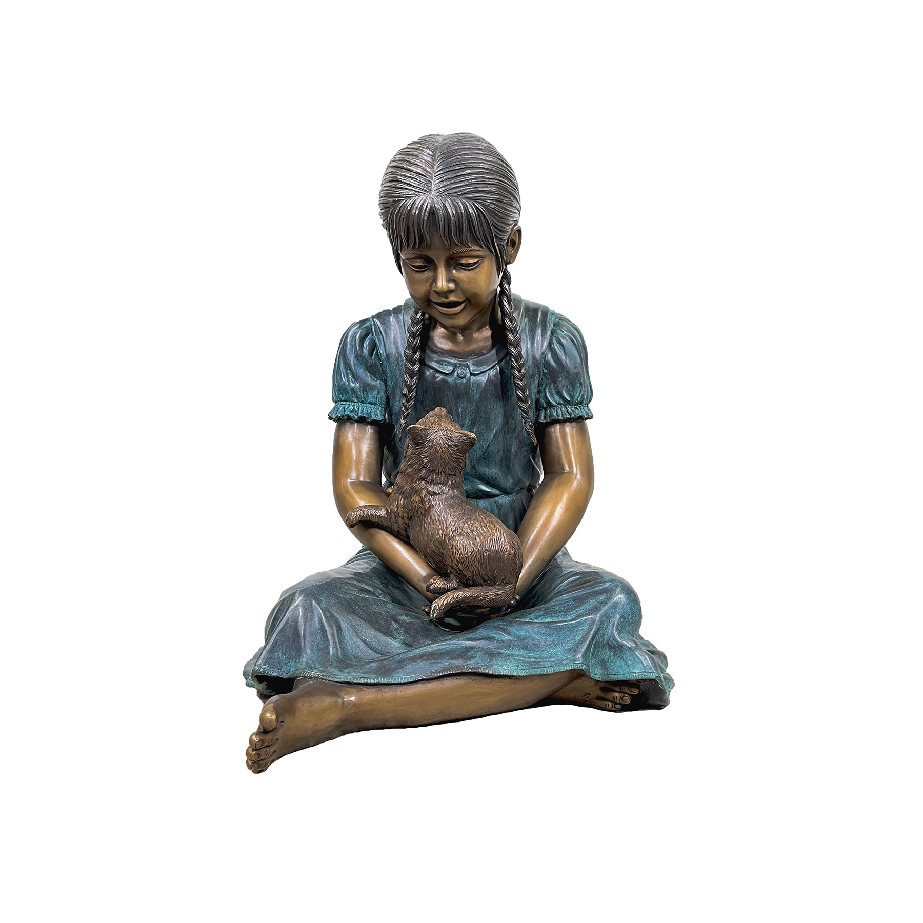 Bronze Sitting Girl holding Cat Sculpture