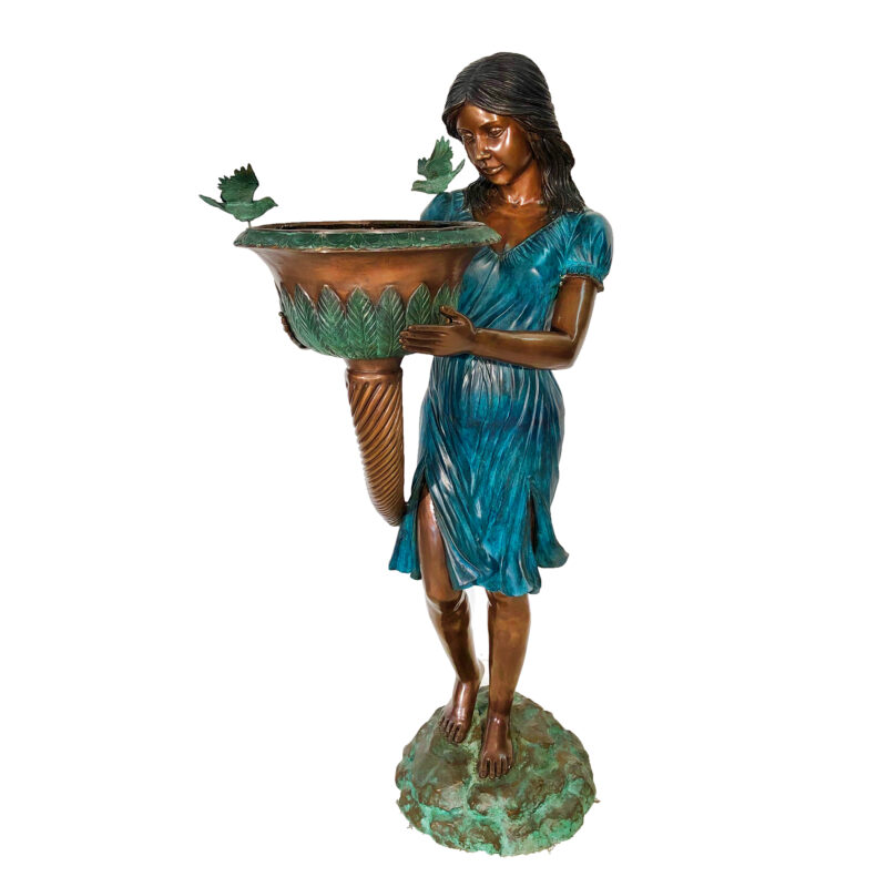 SRB48744 Bronze Lady with Birdbath Fountain Sculpture Blue Dress by Metropolitan Galleries Inc