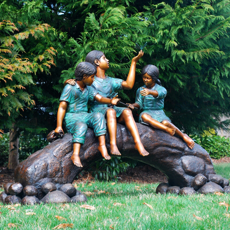 SRB48755 Bronze Children on Log with Butterflies Sculpture by Metropolitan Galleries Inc