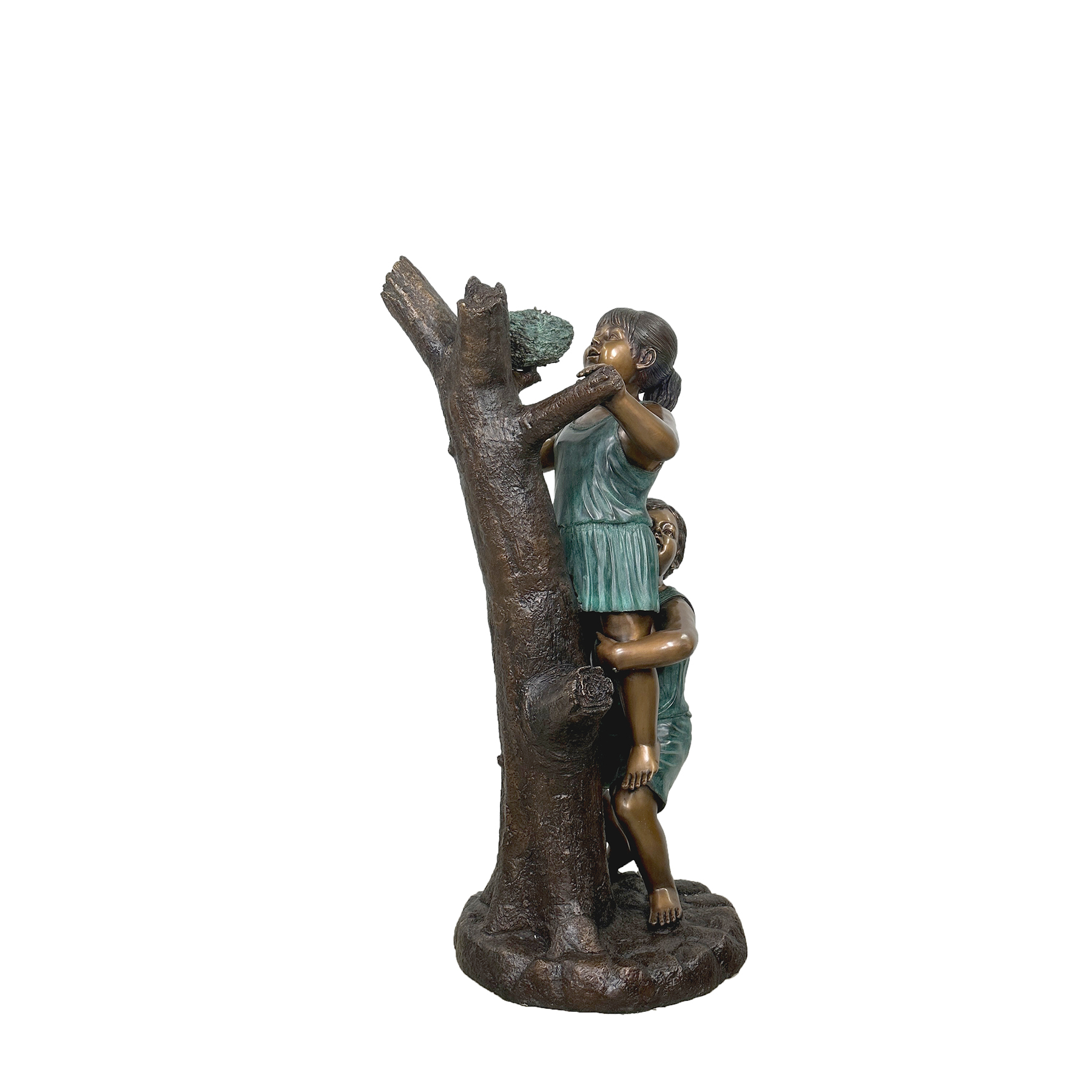 SRB48795 Bronze Boy & Girl reaching for Birds Nest in Tree Sculpture by Metropolitan Galleries Inc