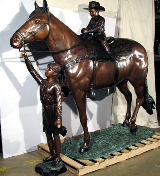 SRB49183 Bronze Cowboy & Girl riding Horse Sculpture Metropolitan Galleries Inc.