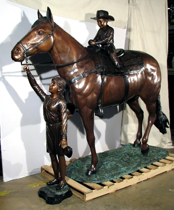 SRB49183 Bronze Cowboy & Girl riding Horse Sculpture Metropolitan Galleries Inc.