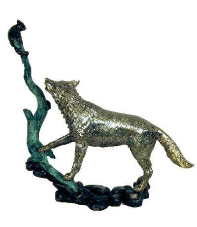 Bronze Wolf and Cat Sculpture Metropolitan Galleries Inc. Garden Sculpture