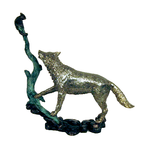 Bronze Wolf and Cat Sculpture Metropolitan Galleries Inc. Garden Sculpture