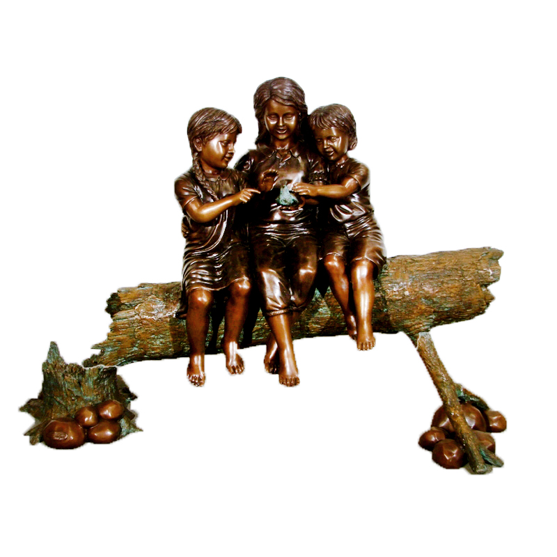 SRB49592 Bronze Children on Log with Bird Sculpture Metropolitan Galleries Inc.