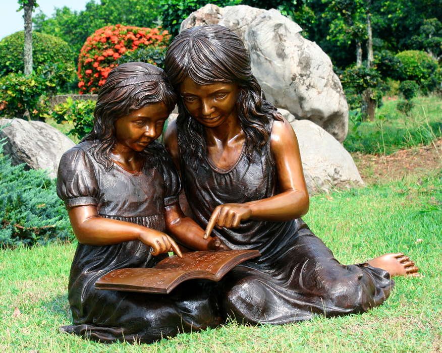 Bronze Girls Reading Book Sculpture