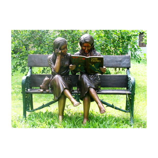 Bronze Girls Reading Book on Bench Sculpture Metropolitan Galleries Inc.