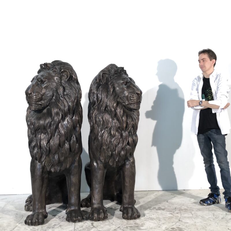 SRB705027 Bronze Sitting Lion Sculpture Pair by Metropolitan Galleries Inc SCALE 2