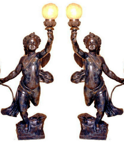 SRB991944-45 Bronze Cupid Holding Lamp Sculpture Set Metropolitan Galleries Inc.