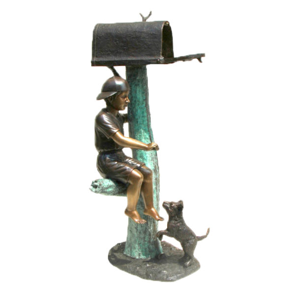 SRB48368 Bronze Boy Sitting with Dog Mailbox Metropolitan Galleries Inc.