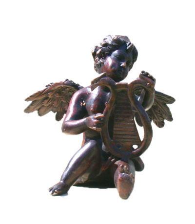 SRB81647 Bronze Cupid playing Harp Sculpture Metropolitan Galleries Inc.