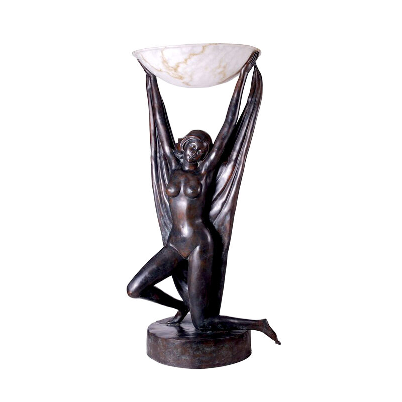 SRB83148 Bronze Art Deco Nude Goddess Kneeling Torchiere Sculpture by Metropolitan Galleries Inc