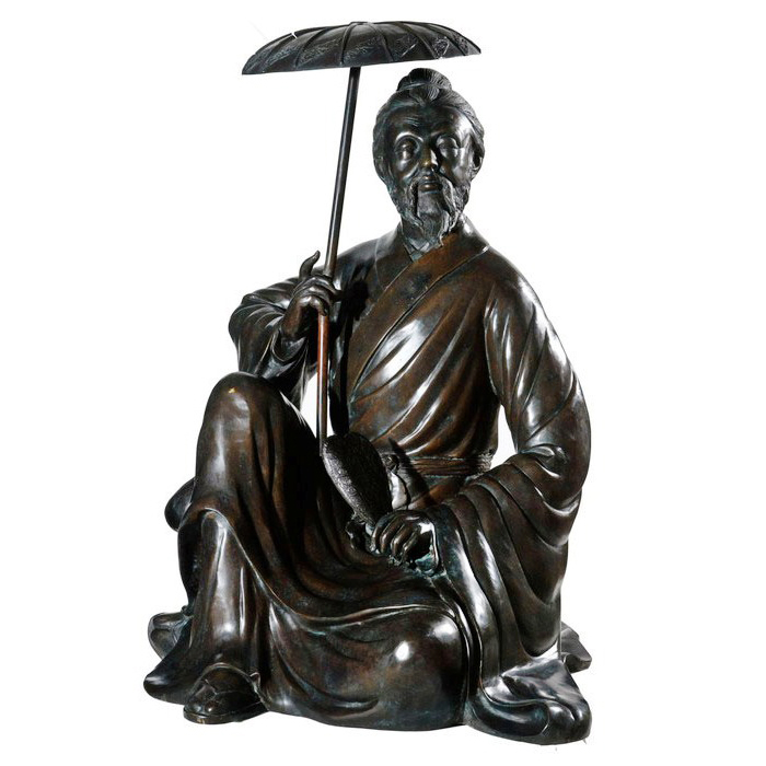 Cast Bronze Sitting Japanese Man with Fan Sculpture
