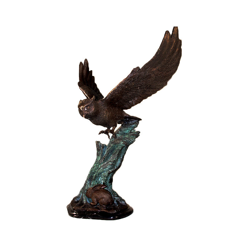 SRB46641 Bronze Flying Owl on Tree with Rabbit Sculpture on Marble Base by Metropolitan Galleries Inc