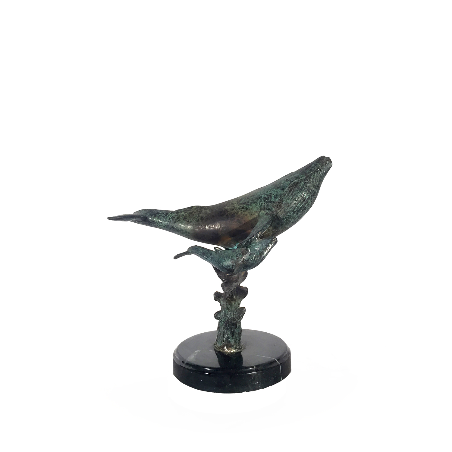 SRB60017 Bronze Whale & Baby Sculpture on Black Marble Metropolitan Galleries Inc.