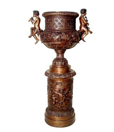 SRB083019 Bronze Cherub Urn on Pedestal Sculpture Metropolitan Galleries Inc.