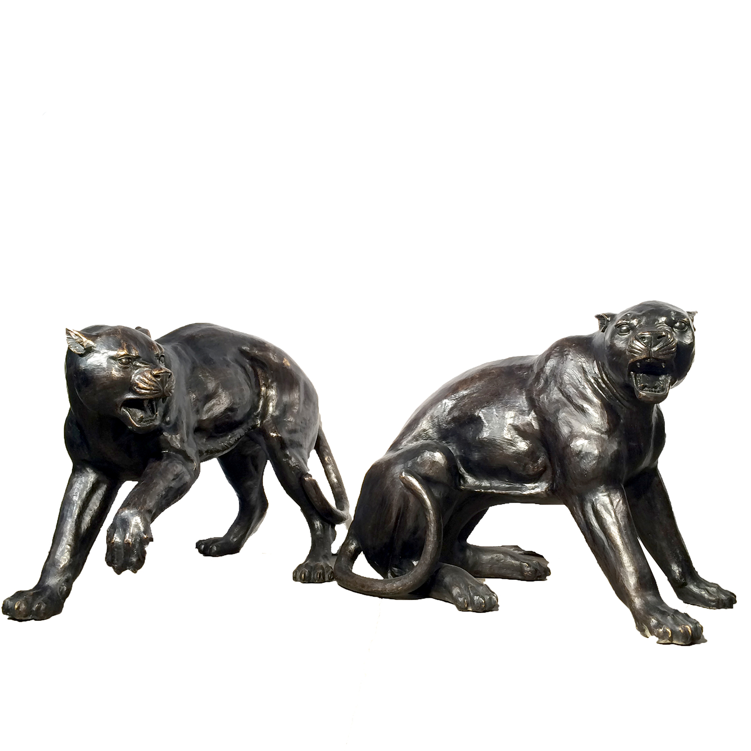 cast bronze fighting panther sculpture pair